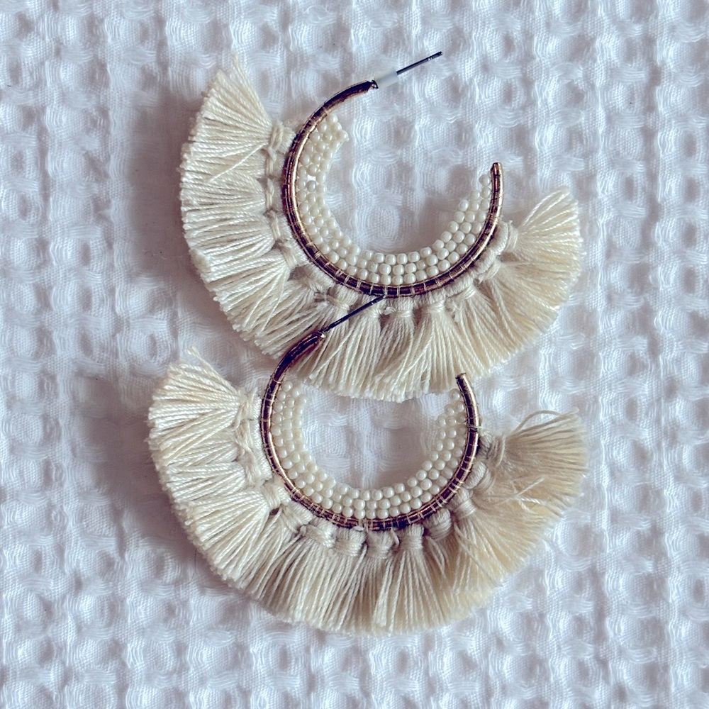 White Tassel Hoop Earrings
